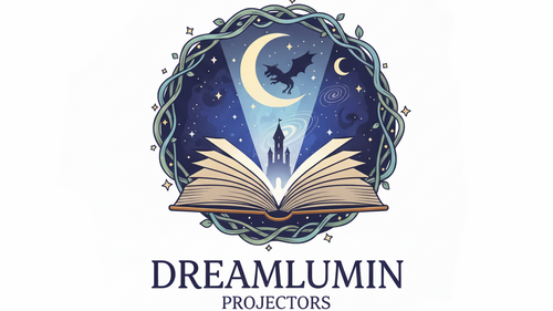 Logo for Dreamlumin projectors with an open book and night sky illustration.